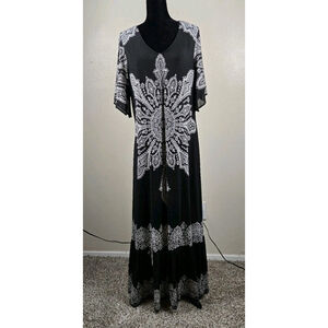 Calessa ‎ Women's Black & White Boho Maxi Dress XL Mandala Print Stretch Knit